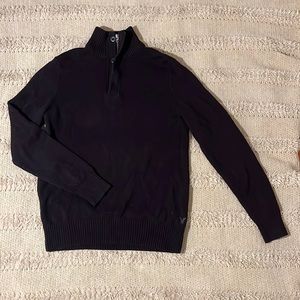 Knit maroon zip up (and buttons) sweater with rubbed trimming